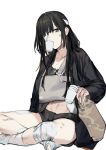  1girl abs alternate_costume arm_sling bandage bandage_over_one_eye bandaged_leg bandages black_hair brown_eyes bruise bruise_on_face cup disposable_cup duoyuanjun girls_frontline highres injury jacket_on_shoulders m16a1_(girls_frontline) mre one_eye_covered shorts solo 