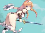  1girl armor ass black_panties blue_eyes boots braid hairband high_heel_boots high_heels holding holding_sword holding_weapon leina_(queen&#039;s_blade) looking_back nishii_(damnedrive) orange_hair panties queen&#039;s_blade shield smile solo sword twin_braids underwear weapon 