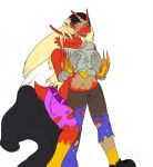 alternate_costume anthro aroused aroused_smile black_hair blaziken blue_eyes blush breast_growth breasts clothed clothing clothing_swap colored duo feathers female female/female fire fur gender_transformation generation_3_pokemon grabbing_from_behind growth hair hair_growth hand_on_breast hi_res humanoid kaitofletcher long_hair medium_breasts mind_alteration mtf_transformation nintendo open_mouth personality_change pokemon pokemon_(species) pokemon_humanoid red_body red_feathers species_transformation surprised_expression thick_thighs tongue tongue_out torn_clothing transformation yellow_body yellow_feathers yellow_fur