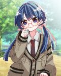  1girl alternate_costume arm_at_side blue_eyes blue_hair brown_necktie brown_sweater closed_mouth collarbone commentary dark_blue_hair diagonal-striped_clothes diagonal-striped_necktie dress_shirt glasses hair_ribbon hand_on_own_face highres kanduki_kamibukuro link!_like!_love_live! long_hair long_sleeves looking_at_viewer love_live! low_twintails mole mole_on_neck murano_sayaka necktie park pink_ribbon ribbon round_eyewear school_uniform shirt sleeves_past_wrists smile solo striped_clothes sweater tree twintails upper_body white_shirt 