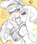  2girls baseball_cap blush eromame fang hat hood hoodie inkling_girl inkling_player_character licking licking_another&#039;s_neck long_hair long_sleeves multiple_girls open_mouth pointy_ears purple_eyes saliva splatoon_(series) sweatdrop tentacle_hair tongue tongue_out yellow_background yuri 