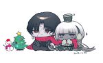  1boy 1girl black_hair charon_(project_moon) chibi christmas_tree dated full_body hat highres limbus_company long_hair njaja_kanja project_moon red_scarf scarf shared_clothes shared_scarf short_hair simple_background sitting snowman vergilius_(project_moon) white_background white_hair 