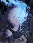  absurdres ahoge armor blue_eyes blue_fire commentary_request facing_viewer fiery_hair fire flaming_eye gauntlets glowing glowing_eyes granblue_fantasy hair_between_eyes highres holding looking_at_viewer lucilius_(granblue_fantasy) male_focus messy_hair outstretched_hand parted_lips scar scar_on_neck shoulder_armor shoulder_spikes spikes stitched_neck stitches tki topless_male upper_body white_hair 