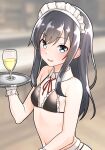  1girl alternate_costume apron asashio_(kancolle) bikini black_bikini black_hair blue_eyes blurry blurry_background breasts cup detached_collar drinking_glass enmaided furaggu_(frag_0416) gloves highres holding holding_tray kantai_collection long_hair maid maid_apron maid_bikini maid_headdress navel neck_ribbon red_ribbon ribbon small_breasts solo swimsuit tray unconventional_maid waist_apron white_apron white_gloves 