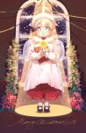  1girl :o aged_down altar angel_wings black_footwear blonde_hair blue_eyes brown_background candle christmas dress english_text feathered_wings full_body fur-trimmed_collar fur_trim g36_(girls&#039;_frontline) g36_(mini_maid)_(girls&#039;_frontline) girls&#039;_frontline hair_ribbon head_scarf highres imoko_(imonatsuki) long_sleeves maid_headdress mary_janes merry_christmas mistletoe red_skirt ribbon robe shoes skirt snowing solo spotlight standing upper_body white_dress white_hat window wings 
