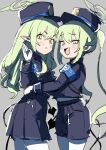  2girls black_hat black_shirt black_shorts black_skirt black_tail blue_archive blush closed_mouth demon_tail fang green_hair green_halo grey_background hair_between_eyes halo hat highlander_sidelocks_conductor_(blue_archive) highlander_twintails_conductor_(blue_archive) long_hair long_sleeves multiple_girls open_mouth pantyhose peaked_cap pleated_skirt pointy_ears shigatsu_shizuki shirt shorts sidelocks simple_background sketch skin_fang skirt smile tail twintails white_pantyhose yellow_eyes 