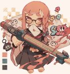  1girl asymmetrical_hair black_bow black_sailor_collar black_serafuku black_shirt black_skirt blush bow braid commentary cropped_legs flower furrowed_brow glasses hair_bow highres holding holding_weapon inkling inkling_girl inkling_player_character long_hair long_sleeves looking_to_the_side love_letter mouth_hold neckerchief p0m4_p0m4 pink_eyes pink_flower pink_hair pleated_skirt pointy_ears red_neckerchief round_eyewear sailor_collar school_uniform serafuku shirt single_braid skirt snipewriter_(splatoon) solo splatoon_(series) splatoon_3 symbol-only_commentary tentacle_hair thick_eyebrows twitter_username very_long_hair weapon white_background yellow-framed_eyewear 