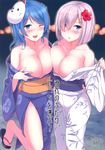  areola breast_hold cleavage hamakaze_(kancolle) kaki_no_tane kantai_collection no_bra open_shirt summer symmetrical_docking urakaze_(kancolle) yukata 