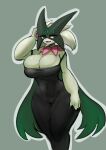 anthro big_breasts breasts cape cleavage clothed clothing domestic_cat fangs felid feline felis female fur generation_9_pokemon green_body green_fur huge_breasts looking_at_viewer mammal mask meowscarada nintendo pink_eyes pokemon pokemon_(species) simple_background smile solo teeth thick_thighs wide_hips yboon