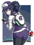  1girl al_bhed_eyes arm_at_side ass backpack bag baseball_cap belt black_hair black_legwear cellphone choker cosplay creatures_(company) cropped_jacket eyebrows_visible_through_hair female_protagonist_(pokemon_go) female_protagonist_(pokemon_go)_(cosplay) fingerless_gloves from_behind game_freak gloves hair_ornament hair_scrunchie hand_up hat hex_maniac_(pokemon) highres holding holding_phone holding_poke_ball jacket leggings long_hair long_sleeves looking_at_viewer looking_back nintendo parted_lips phone poke_ball poke_ball_(generic) pokemon pokemon_(game) pokemon_go pokemon_xy ponytail purple_eyes scrunchie short_jumpsuit smartphone solo suzusiigasuki upper_body walking 