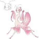 4_legs antennae_(anatomy) anthro arthropod arthropod_abdomen female flower_mantis hair hair_bun insect long_neck looking_at_viewer mandibles mantis noseless nude orchid_mantis pink_body pink_eyes pink_hair pink_sclera pink_skin short_hair sketch solo standing tateoftot