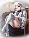  1girl :o absurdres ahoge blush couch elf feet full_body grey_shorts highres jacket long_sleeves looking_at_viewer mushoku_tensei on_couch orange_eyes pointy_ears ranoa_magic_academy_school_uniform school_uniform short_hair shorts signature sitting solo sylphiette_(mushoku_tensei) thighhighs thighhighs_pull thighs white_hair white_jacket white_thighhighs wide_sleeves yujin_(kanouyuuto-0423) zettai_ryouiki 