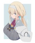  1girl artist_name blonde_hair blue_eyes breasts cape character_request closed_mouth copyright_request dated grey_background grey_hairband hairband highres kichihachi large_breasts light_smile long_hair smile solo two-tone_background upper_body white_background white_cape 