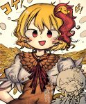  1girl animal_on_head ascot bird bird_on_head bird_wings blonde_hair chick feathered_wings hand_out_of_frame highres looking_at_viewer multicolored_hair niwatari_kutaka on_head open_mouth piaki puffy_short_sleeves puffy_sleeves red_ascot red_eyes red_hair short_sleeves smile solo touhou two-tone_hair upper_body white_background wings yellow_wings 