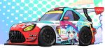  car crypton_future_media enkei goodsmile_racing hatsune_miku highres itasha logo mercedes-benz mercedes-benz_amg_gt motor_vehicle no_humans peteron race_vehicle racecar racing_miku racing_miku_(2024) smoke spoiler_(automobile) sponsor super_gt vehicle_focus vocaloid yokohama_tire 