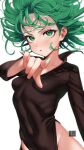  1girl black_dress blush breasts covered_navel dress floating_hair green_eyes green_hair highres looking_at_viewer nanja one-punch_man parted_lips pointing pointing_at_viewer short_hair side_slit simple_background skin_tight small_breasts solo tatsumaki white_background 