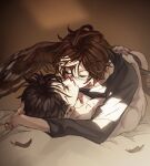  2boys ahoge artist_request belial_(granblue_fantasy) black_shirt blanket boy_on_top brown_background brown_hair brown_wings closed_eyes collaboration commentary english_commentary feathered_wings feathers granblue_fantasy hair_between_eyes highres hihazuki hug kiss light light_rays lying male_focus messy_hair multiple_boys on_back on_bed pectorals sandalphon_(granblue_fantasy) shirt topless_male wings yaoi 