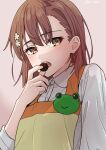  1girl absurdres aic_oekaki apron brown_eyes brown_hair chocolate collared_shirt dress_shirt eating flower gekota hair_flower hair_ornament hairclip highres misaka_mikoto shirt short_hair sleeves_rolled_up solo toaru_kagaku_no_railgun toaru_majutsu_no_index upper_body white_shirt 