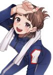  1girl absurdres alternate_hairstyle boku_no_hero_academia brown_eyes brown_hair fingernails highres kobaji leaning_forward steaming_body sweat towel towel_around_neck u.a._gym_uniform uraraka_ochako white_background wiping_forehead 