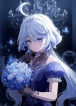  1girl ahoge black_gloves blue_dress blue_eyes blue_flower bouquet caron diadem dress floating_hair flower frilled_sleeves frills furina_(genshin_impact) genshin_impact gloves grey_hair heterochromia highres holding holding_bouquet long_hair looking_at_viewer low_twintails mismatched_pupils short_sleeves solo symbol-shaped_pupils twintails very_long_hair 