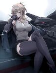  1girl armored_core armored_core_5 black_thighhighs blonde_hair blue_eyes breasts crossed_legs hair_ornament hairclip hand_on_own_face highres jacket large_breasts las91214 looking_at_viewer mecha prosthesis prosthetic_arm robot sitting_on_mecha tank_top thighhighs thighs toned torn_clothes torn_thighhighs white_background 