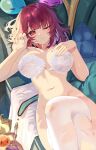 1girl atelier_(series) atelier_sophie bottomless bra breasts commentary_request couch crossed_legs highres large_breasts lying navel on_back on_couch one_eye_closed open_bra purple_hair red_eyes ryuuno6 short_hair solo sophie_neuenmuller stomach thighhighs torn_clothes torn_thighhighs underwear white_bra white_thighhighs 