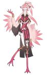  1girl animal_feet bird_legs bracelet colored_skin digitigrade feather_hair feathered_wings feathers fewer_digits full_body harpy highres inu_fuji jewelry long_neck monster_girl original pink_feathers pink_hair pink_wings solo standing webbed_feet webbed_hands white_background white_skin winged_arms wings yellow_eyes 