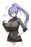  ? akafuyu_(arknights) arknights black_sweater breasts brown_eyes commentary_request cropped_legs hand_on_own_chest hand_on_own_hip highres horn/wood huge_breasts long_hair long_sleeves looking_at_viewer mole mole_under_mouth ponytail purple_hair ribbed_sweater smile spoken_question_mark standing sweater thighs very_long_hair 