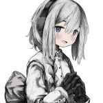  1girl black_gloves blue_eyes blush braid braided_ponytail coat collared_coat earmuffs gloves grey_coat grey_hair hair_over_shoulder highres kilsturgeon long_hair long_sleeves looking_at_viewer open_mouth own_hands_together sekka_yufu simple_background smile solo steepled_fingers upper_body utau white_background 