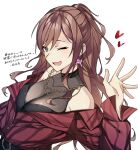  1girl bang_dream! black_shirt blush breasts brown_background brown_hair cleavage collaboration commentary_request covered_collarbone dress_shirt earrings green_eyes hand_up heart highres imai_lisa jewelry large_breasts long_hair long_sleeves looking_at_viewer necklace one_eye_closed open_clothes open_mouth open_shirt red_shirt sakurahara see-through see-through_cleavage shirt sidelocks simple_background solo sou_(user_hgyh8775) translation_request upper_body white_background 