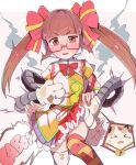  !? 1girl absurdres animal_hands asymmetrical_legwear blunt_bangs blush bow brown_eyes brown_hair cat gloves highres idolmaster idolmaster_cinderella_girls ikebukuro_akiha mechanical_arms mismatched_legwear motion_blur paw_gloves red-framed_eyewear red_bow semi-rimless_eyewear short_sleeves sound_effects spoken_interrobang thighhighs twintails white_background woshinon 