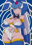  1girl absurdres animal_ears arms_under_breasts bare_shoulders black_bow black_bowtie blue_background blue_eyes blue_helmet blue_thighhighs blush bow bowtie breasts bridal_gauntlets buzzlyears cleavage cowboy_shot detached_collar fairy_leviathan_(mega_man) fake_animal_ears forehead_jewel highres large_breasts leotard looking_at_viewer mega_man_(series) mega_man_zero_(series) playboy_bunny rabbit_ears solo thighhighs white_leotard 
