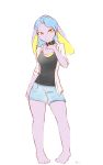  2019 4_toes alasou anthro barefoot blue_hair breasts clothed clothing collar digital_media_(artwork) female hair lagomorph looking_at_viewer mammal rabbit simple_background solo standing toes yellow_eyes 