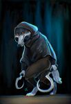anthro bottomwear canid canine canis cloak clothing death_(puss_in_boots) digital_media_(artwork) digital_painting_(artwork) dreamworks fur glowing glowing_eyes grey_body grey_fur grinning_at_viewer hi_res light lighting male mammal pants ponynok puss_in_boots_(dreamworks) red_eyes sickle solo wolf