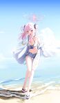  1girl angel_wings beach blue_archive blue_shorts blush breasts cleavage collarbone daran9 day double_bun feathered_wings flower full_body hair_bun hair_flower hair_ornament halo highres large_breasts long_hair looking_at_viewer mika_(blue_archive) navel ocean open_mouth outdoors pink_hair pink_halo purple_flower sandals shorts smile solo standing water white_wings wings yellow_eyes 