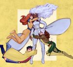  4girls absurdres armor belt black_hair bodysuit boots brown_hair coat dark-skinned_female dark_skin gloves highres hug hugging_another&#039;s_leg jacket jean_grey jubilee marvel multiple_girls red_hair rogue_(x-men) seye_art shoulder_armor smile storm_(x-men) waist_hug white_hair x-men yellow_background yellow_coat 