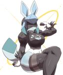 2024 absurd_res anthro arm_support big_breasts black_blindfold black_clothing black_legwear black_thigh_highs blindfold blue_body blue_skin breasts cleavage cleavage_cutout clothed clothing cosplay crossed_legs cutout digital_drawing_(artwork) digital_media_(artwork) eeveelution female flexing flexing_bicep game_freak generation_1_pokemon hi_res legwear mammal multicolored_clothing nier_automata nintendo oreon_smol platinumgames pokemon pokemon_(species) portrait simple_background sitting solo tail thick_thighs thigh_highs three-quarter_portrait two_tone_clothing vaporeon white_background white_clothing wide_hips yorha_2b