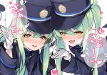  2girls armband belt black_hat blue_archive blue_armband demon_tail dot_nose fang gloves green_hair green_halo hair_between_eyes halo hat highlander_sidelocks_conductor_(blue_archive) highlander_twintails_conductor_(blue_archive) highres long_hair long_sleeves looking_at_viewer mayusaki_yuu multiple_girls open_mouth parted_lips peaked_cap pointy_ears shadow skin_fang smile tail twintails white_background white_gloves yellow_eyes 