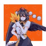  1girl ame_iru bird_wings black_skirt black_wings closed_mouth commentary hand_fan hat hauchiwa highres holding holding_fan looking_at_viewer orange_background pom_pom_(clothes) red_eyes shameimaru_aya shirt short_sleeves skirt smile solo symbol-only_commentary tokin_hat touhou white_shirt wings 