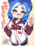  baseball_cap blue_eyes blue_hair blush closed_eyes eromame hat hood hoodie inkling octoling octoling_girl octoling_player_character open_mouth shorts splatoon_(series) splatoon_3 tentacle_hair v 