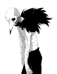  1boy arms_at_sides bird bird_boy black_pants choujin_x facing_to_the_side highres kurohara_tokio_(choujin_x) looking_at_viewer male_focus monochrome oa_lien pants skull_on_head slouching solo solo_focus topless_male vulture white_background wrapped 