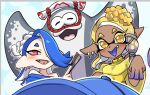 2girls baseball_cap big_man_(splatoon) blue_hair blush colored_tongue earrings eromame fang food food_on_head frye_(splatoon) gradient_skin hand_gesture hat inkling jewelry manta_ray multiple_earrings multiple_girls object_on_head octoling open_mouth poncho red_eyes sarashi shiver_(splatoon) splatoon_(series) splatoon_3 star-shaped_pupils star_(symbol) symbol-shaped_pupils tentacle_hair tongue tongue_out tooth_earrings yellow_eyes 