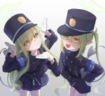  2girls armband bag black_bag blue_archive blue_armband buttons demon_tail double-breasted fang from_above frown gloves gradient_background green_hair green_halo hair_between_eyes halo hand_on_own_hip hand_up hands_up hat highlander_sidelocks_conductor_(blue_archive) highlander_twintails_conductor_(blue_archive) highres jacket kepi long_hair long_long_life looking_at_viewer military_hat multiple_girls pantyhose pleated_skirt pointy_ears purple_hat purple_jacket purple_shorts purple_skirt short_shorts shorts shoulder_bag siblings sidelocks simple_background skin_fang skirt smile tail twins twintails v-shaped_eyebrows very_long_hair white_gloves white_pantyhose yellow_eyes 