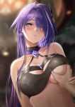  1girl 1other absurdres acheron_(honkai:_star_rail) areola_slip bare_shoulders black_choker blush breasts choker cleavage commentary_request grabbing grabbing_another&#039;s_breast hair_ornament halterneck highres honkai:_star_rail honkai_(series) long_hair looking_at_viewer multicolored_hair purple_eyes purple_hair royboy solo_focus stomach streaked_hair upper_body very_long_hair white_hair 