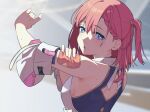  1girl arm_up armpits asta_(honkai:_star_rail) back_cutout bare_shoulders blue_eyes blurry blurry_background braid breasts clothing_cutout collared_shirt detached_sleeves hair_between_eyes honkai:_star_rail honkai_(series) looking_at_viewer looking_back medium_hair pink_hair shi_(shi4557) shirt side_ponytail sideboob sweat sweatdrop wiping 