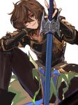  1boy ahoge arm_on_knee armor belt blue_belt breastplate brown_hair cape cropped_legs empty_eyes evil_smile granblue_fantasy green_cape hair_between_eyes hand_on_own_cheek hand_on_own_face holding holding_sword holding_weapon knee_up light_smile looking_at_viewer male_focus messy_hair official_alternate_costume pants partially_shaded_face red_eyes sandalphon_(granblue_fantasy) short_hair sitting smile solo_focus sword tight_clothes tight_pants wahoosandalphon weapon white_background 