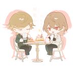  2boys :d akechi_gorou amada_ken black_jacket black_necktie black_pants black_ribbon brown_hair cake cellphone chair chibi closed_eyes coat collared_shirt colored_eyelashes commission cup drinking drop_shadow food full_body gekkoukan_high_school_uniform grey_coat highres holding holding_cup holding_saucer jacket long_sleeves male_focus multiple_boys neck_ribbon necktie nona1010 open_mouth pancake pancake_stack pants persona persona_3 persona_5 phone red_eyes ribbon saucer school_uniform shirt short_hair simple_background sitting smartphone smile sparkle striped_necktie swept_bangs table taking_picture teacup u_u watermark white_background white_shirt wing_collar 