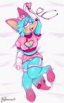 absurd_res anthro bed blue_body blue_fur breasts clothing dakimakura_design female fur furniture hi_res looking_at_viewer nurse nyamrow panties pink_body pink_fur solo toontown_corporate_clash toontown_online toony underwear