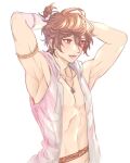  1boy ahoge armlet arms_up belt blush bottomless brown_hair english_commentary granblue_fantasy hair_between_eyes hands_in_hair hihazuki jewelry male_focus messy_hair necklace parted_lips pectorals red_eyes sandalphon_(granblue_fantasy) shirt short_hair sketch sleeveless sleeveless_shirt summer topless_male wet wet_clothes wet_hair white_background 