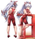  1girl adapted_costume bike_shorts blush bow chest_sarashi closed_mouth commentary_request crossed_arms fujiwara_no_mokou grey_hair hair_bow long_hair looking_at_viewer multiple_views ponytail red_eyes red_footwear sarashi shimizu_pem touhou v-shaped_eyebrows very_long_hair 